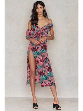 For Love & Lemons Flamenco Midi Dress L Pink Floral Silk Blend High Slit Ruffle